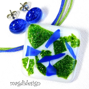 Zöld-kék harmónia üvegékszer szett nyaklánc, stiftes fülbevaló , Ékszer, Ékszerszett, Ékszerkészítés, Üvegművészet, MESKA