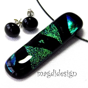 MAXI Fekete zöld-szögek, dichroic üvegékszer szett nyaklánc stiftes fülbevaló , Ékszer, Ékszerszett, Üvegművészet, Ékszerkészítés, MESKA