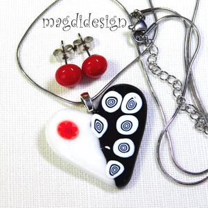 Fekete-fehér szív üvegékszer szett, nyaklánc, 2 pár pötty fülbevaló  - ékszer - ékszerszett - Meska.hu