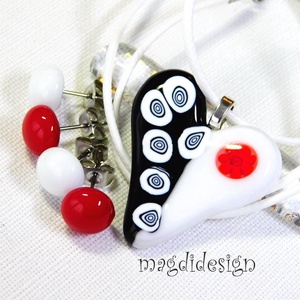 Fekete-fehér szív üvegékszer szett, nyaklánc, 2 pár pötty fülbevaló  - ékszer - ékszerszett - Meska.hu