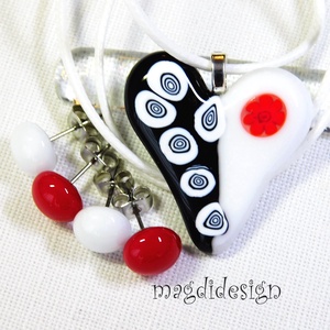 Fekete-fehér szív üvegékszer szett, nyaklánc, 2 pár pötty fülbevaló  - Meska.hu