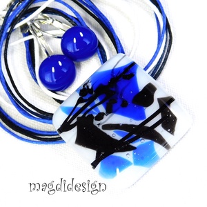 AKCIÓS! Fekete-kék harmónia üvegékszer szett nyaklánc, kapcsos fülbevaló , Ékszer, Ékszerszett, Ékszerkészítés, Üvegművészet, MESKA