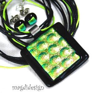 Zöld-arany buborékok üvegékszer szett nyaklánc stiftes fülbevaló - ékszer - ékszerszett - Meska.hu