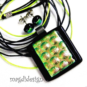 Zöld-arany buborékok üvegékszer szett nyaklánc stiftes fülbevaló - ékszer - ékszerszett - Meska.hu