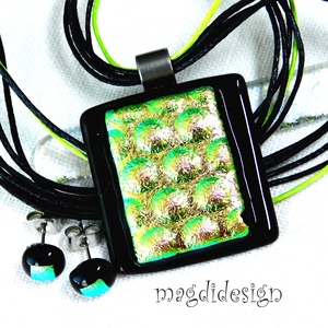 Zöld-arany buborékok üvegékszer szett nyaklánc stiftes fülbevaló - ékszer - ékszerszett - Meska.hu