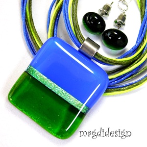 Kék-zöld színtrió dichroic csíkos üvegékszer szett 2 pár stiftes fülbevaló - ékszer - ékszerszett - Meska.hu