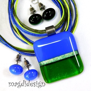 Kék-zöld színtrió dichroic csíkos üvegékszer szett 2 pár stiftes fülbevaló - Meska.hu
