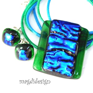 Csodás smaragd-kék üvegékszer szett nyaklánc fülbevaló 1, Ékszer, Ékszerszett, Ékszerkészítés, Üvegművészet, MESKA