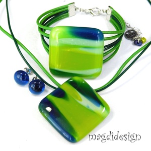 Zöld-kék márványos üvegékszer szett, nyaklánc, karkötő, stiftes fülbevaló - Meska.hu