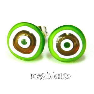 NEMESACÉL! Zöld-mogyoró millefiori üvegékszer pötty fülbevaló - ékszer - fülbevaló - pötty fülbevaló - Meska.hu