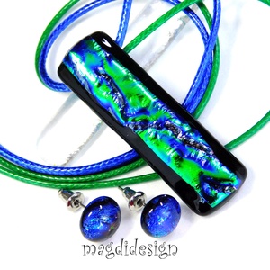Kék-zöld dichroic fényjáték feketén, üvegékszer szett medál pötty fülbevaló - ékszer - ékszerszett - Meska.hu