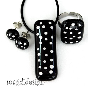 Fekete fehér pöttyös üvegékszer szett, nyaklánc, gyűrű, stiftes fülbevaló, Ékszer, Ékszerszett, Ékszerkészítés, Üvegművészet, MESKA