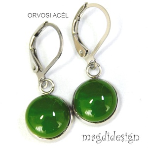 NEMESACÉL! Borsózöld üvegékszer lógós nemesacél fülbevaló - ékszer - fülbevaló - lógó fülbevaló - Meska.hu