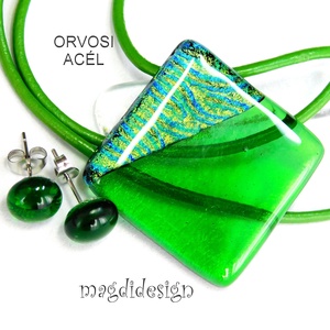 Kétzöld dichroic üvegékszer szett nyaklánc pötty fülbevaló 1, Ékszer, Ékszerszett, Ékszerkészítés, Üvegművészet, MESKA