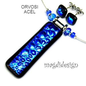 Fekete kék gyöngyös dichroic üvegékszer szett, nyaklánc, stiftes fülbevaló  - ékszer - ékszerszett - Meska.hu