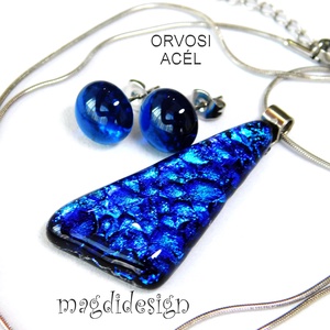 Kék dichroic üvegékszer szett nyaklánc, stiftes fülbevaló  - Meska.hu