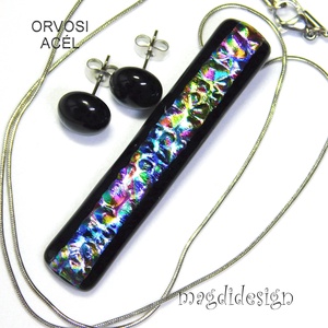Szivárvány feketén dichroic, üvegékszer szett nyaklánc, stiftes fülbevaló - ékszer - ékszerszett - Meska.hu