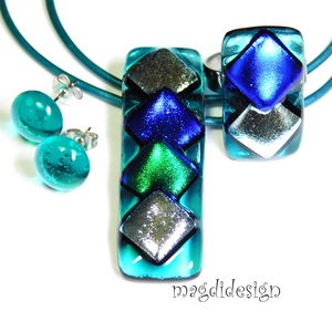 Ezüst-kék-zöld rombuszok türkizen üvegékszer szett nyaklánc, gyűrű, stiftes fülbevaló - ékszer - ékszerszett - Meska.hu