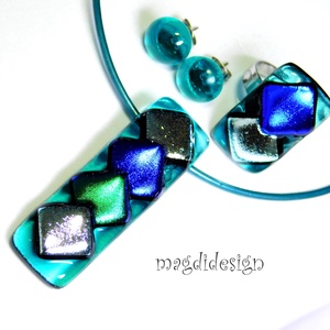 Ezüst-kék-zöld rombuszok türkizen üvegékszer szett nyaklánc, gyűrű, stiftes fülbevaló - ékszer - ékszerszett - Meska.hu