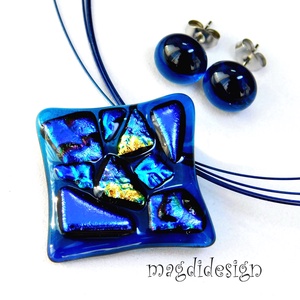 Kék absztrakt dichroic üvegékszer szett nyaklánc stiftes fülbevaló - ékszer - ékszerszett - Meska.hu
