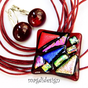 Rubin absztrakt dichroic üvegékszer szett nyaklánc kapcsos fülbevaló, Ékszer, Ékszerszett, Ékszerkészítés, Üvegművészet, MESKA