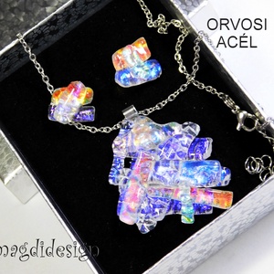 Szivárványos  borzaska dichroic üvegékszer szett nyaklánc stiftes fülbevaló - Meska.hu