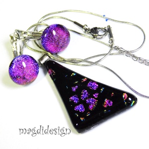Szivecskés dichroic, üvegékszer szett nyaklánc, kapcsos fülbevaló - ékszer - ékszerszett - Meska.hu