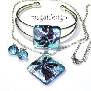 Lila szirmok ezüsben dichroic üvegékszer szett nyaklánc, karkötő, stiftes fülbevaló  - ékszer - ékszerszett - Meska.hu
