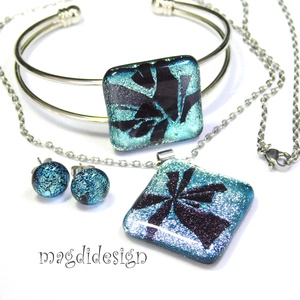Lila szirmok ezüsben dichroic üvegékszer szett nyaklánc, karkötő, stiftes fülbevaló  - ékszer - ékszerszett - Meska.hu