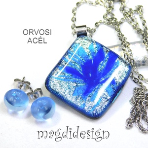 Búzavirág ezüsben dichroic üvegékszer szett nyaklánc stiftes fülbevaló  - ékszer - ékszerszett - Meska.hu