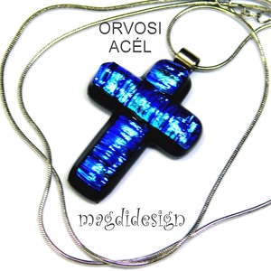 Kék dichroic kereszt üvegékszer nyaklánc, Ékszer, Nyaklánc, Medálos nyaklánc, Ékszerkészítés, Üvegművészet, MESKA