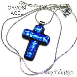 Kék dichroic kereszt üvegékszer nyaklánc - ékszer - nyaklánc - medálos nyaklánc - Meska.hu