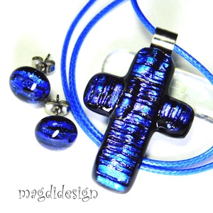 Kék dichroic kereszt üvegékszer szett nyaklánc, stiftes fülbevaló, Ékszer, Ékszerszett, Ékszerkészítés, Üvegművészet, MESKA