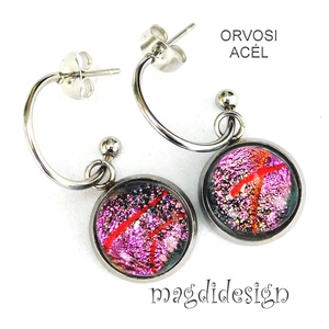 Rózsaszín dichroic üvegékszer stiftes lógós nemesacél fülbevaló, Ékszer, Fülbevaló, Lógó fülbevaló, Ékszerkészítés, Üvegművészet, MESKA