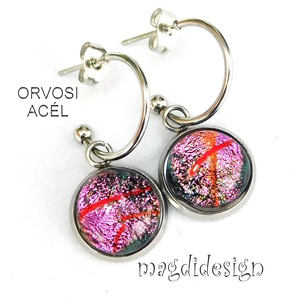 Rózsaszín dichroic üvegékszer stiftes lógós nemesacél fülbevaló - ékszer - fülbevaló - lógó fülbevaló - Meska.hu
