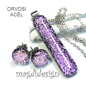  Szikrázó rózsaszín dichroic üvegékszer szett nyaklánc stiftes fülbevaló - Meska.hu