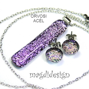  Szikrázó rózsaszín dichroic üvegékszer szett nyaklánc stiftes fülbevaló - ékszer - ékszerszett - Meska.hu