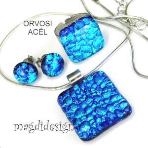 Kék dichroic üvegékszer szett nyaklánc, kapcsos fülbevaló  - ékszer - ékszerszett - Meska.hu