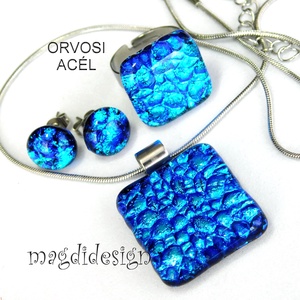 Kék dichroic üvegékszer szett nyaklánc gyűrű, lógós fülbevaló  - ékszer - ékszerszett - Meska.hu
