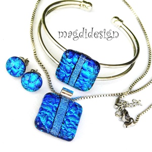 Kék dichroic üvegékszer szett nyaklánc, karkötő,  pötty fülbevaló  - ékszer - ékszerszett - Meska.hu