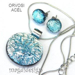  Szikrázó ezüst dichroic üvegékszer szett nyaklánc stiftes fülbevaló - Meska.hu