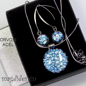 Ezüstös kék dichroic üvegékszer szett nyaklánc lógós fülbevaló  - Meska.hu