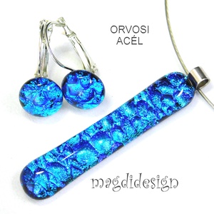 Kék dichroic üvegékszer szett nyaklánc, kapcsos fülbevaló , Ékszer, Ékszerszett, Üvegművészet, Ékszerkészítés, MESKA