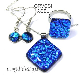 Kék dichroic üvegékszer szett nyaklánc, gyűrű, lógós fülbevaló , Ékszer, Ékszerszett, Üvegművészet, Ékszerkészítés, AKCIÓ! HÁROM VAGY TÖBB ÉKSZERSZETT VÁSÁRLÁSA UTÁN EGY MEGLEPETÉS SZETTET AJÁNDÉKBA KÜLDÖK. Csillogó..., MESKA