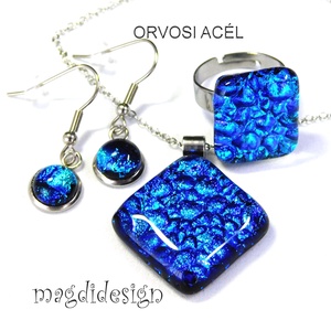 Kék dichroic üvegékszer szett nyaklánc, gyűrű, lógós fülbevaló  - ékszer - ékszerszett - Meska.hu