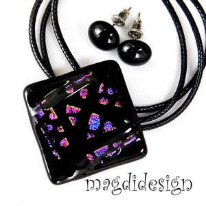 Szivecskés dichroic, üvegékszer szett nyaklánc, stiftes fülbevaló 2 - ékszer - ékszerszett - Meska.hu