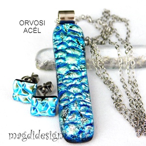 Ezüstös kék dichroic üvegékszer szett nyaklánc stiftes fülbevaló  - ékszer - ékszerszett - Meska.hu