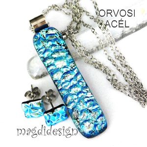 Ezüstös kék dichroic üvegékszer szett nyaklánc stiftes fülbevaló  - ékszer - ékszerszett - Meska.hu