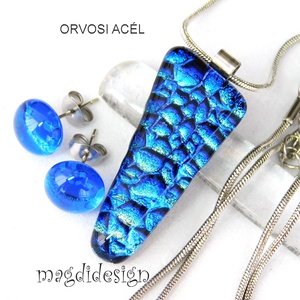 Kék dichroic üvegékszer szett nyaklánc, stiftes fülbevaló 1 - ékszer - ékszerszett - Meska.hu