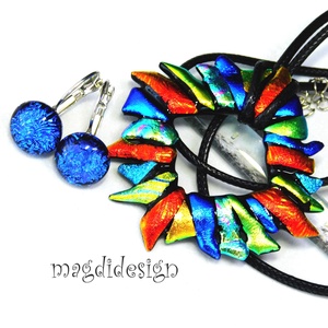 Csillogó dichroic üvegékszer szett nyaklánc kék kapcsos fülbevaló - Meska.hu